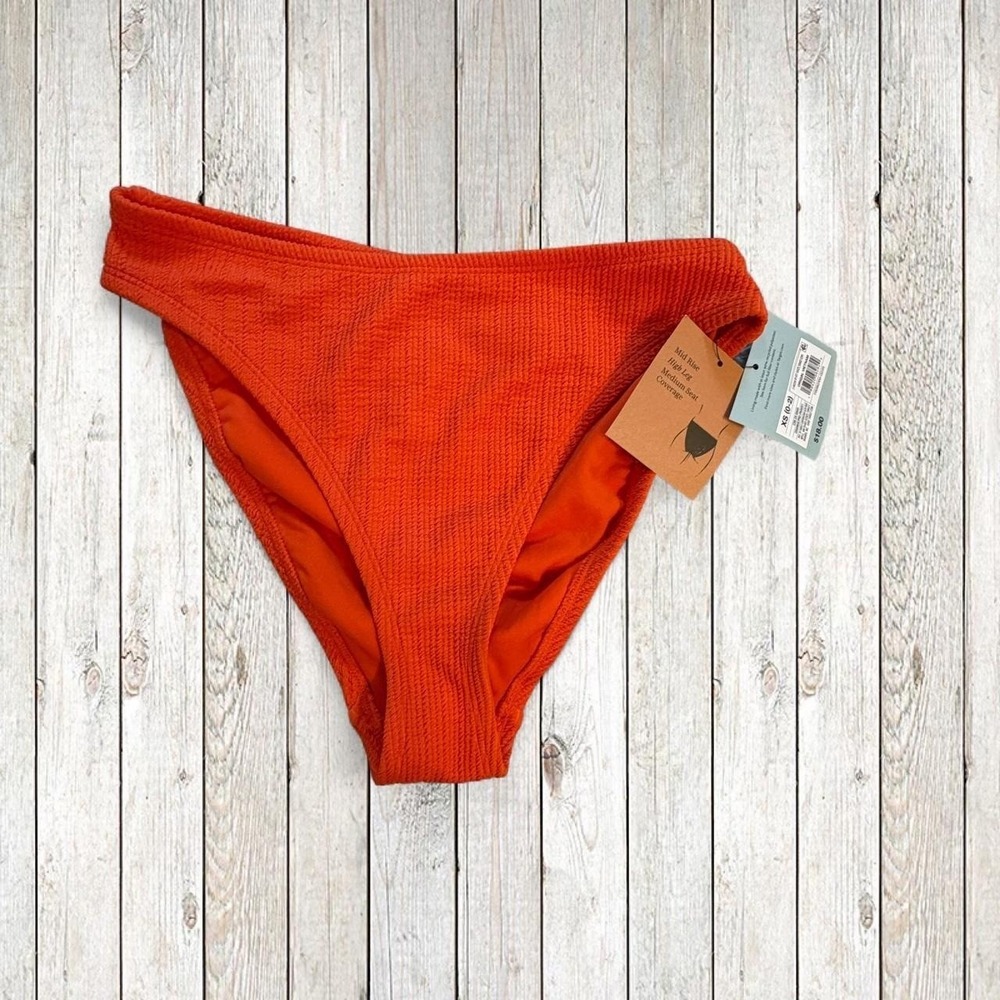 NWT Shade & Shore Textured Mid Rise Bikini Bottoms Orange XS (0–2)‎